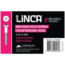 Linca Head Hole Screws CSK 4 in 1 4.5 x 30mm Zinc - Box of 1,000