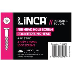 Linca Head Hole Screws CSK 4 in 1 4.5 x 65mm Zinc - Box of 1,000