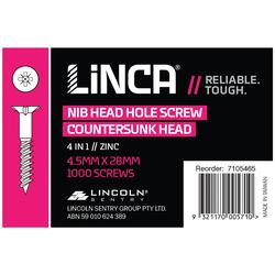 Linca Head Hole Screws CSK 4 in 1 4.5 x 28mm Zinc - Box of 1,000