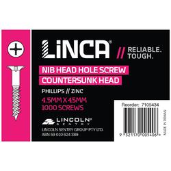Linca Head Hole Screws CSK NIB Phillips 4.5 x 45mm Zinc - Box of 1,000
