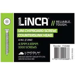 Linca Chipboard Screws CSK UNI 4 in 1 4.5 x 65mm Zinc - Box of 1,000