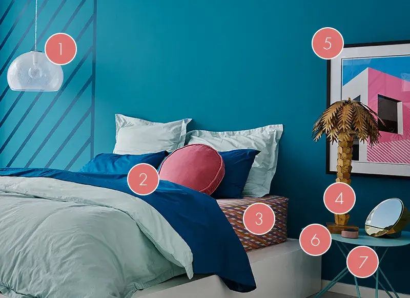 A blue bed with markers