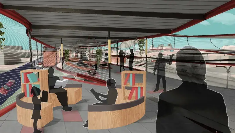 Illustration of silhouettes of people stand and sitting at a modern train station.