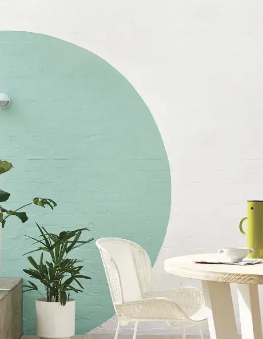 Exterior entertaining area with white and green feature wall