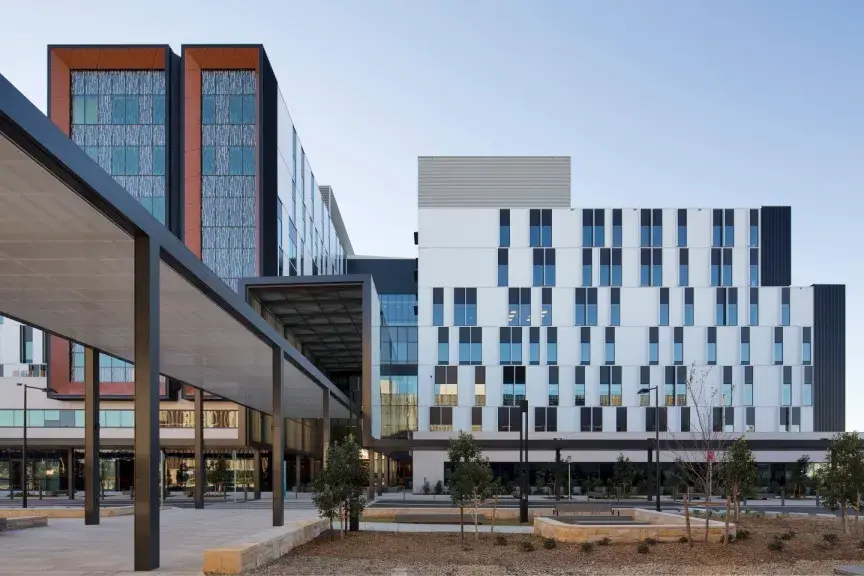 exterior northern beaches hospital; blue, silver and brown.