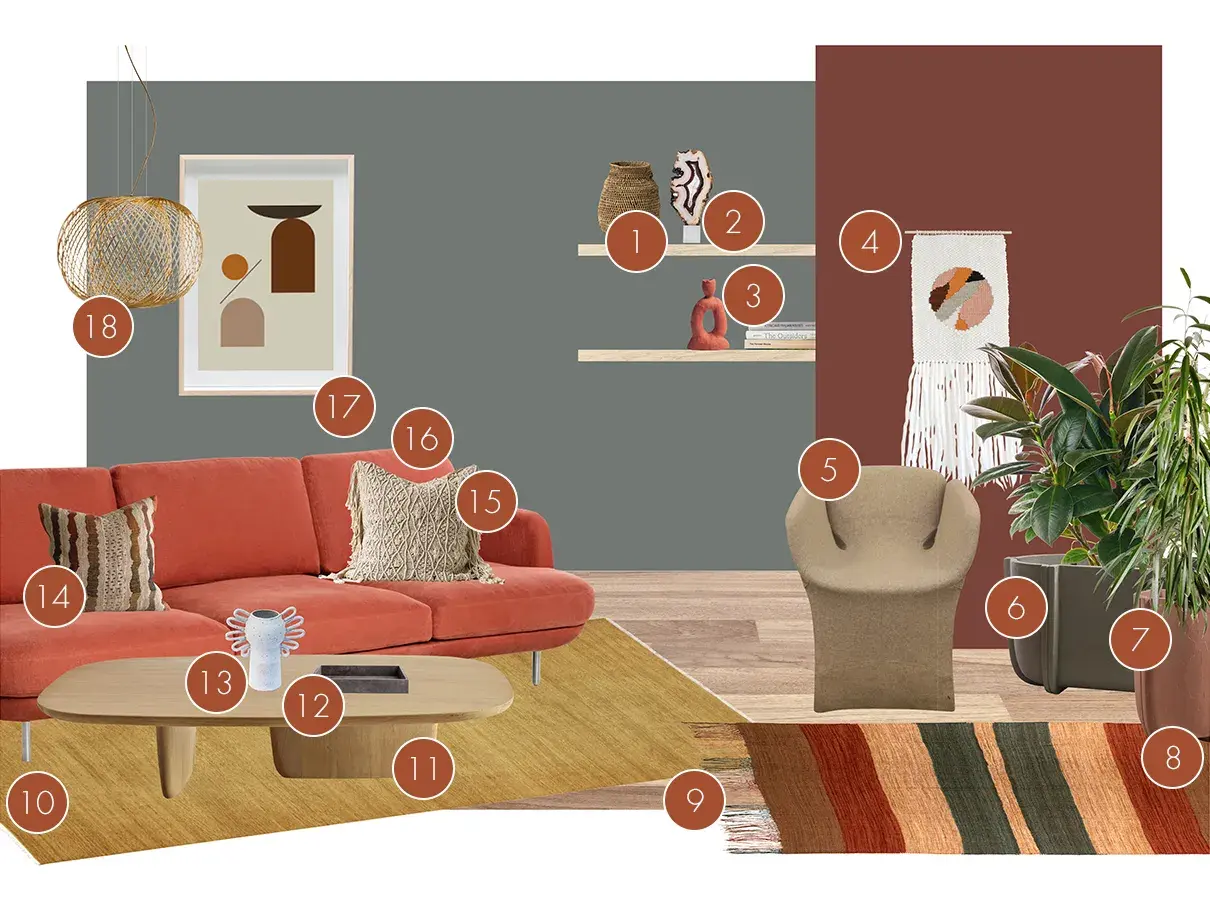 Featured artwork and furniture used to create the 2018 kinship Dulux colour forecast look by Michelle.