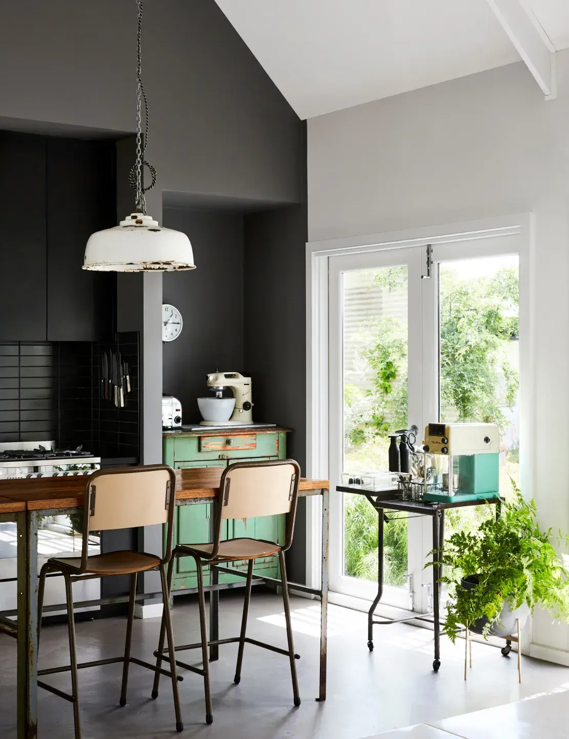 Dark grey and white kitchen.