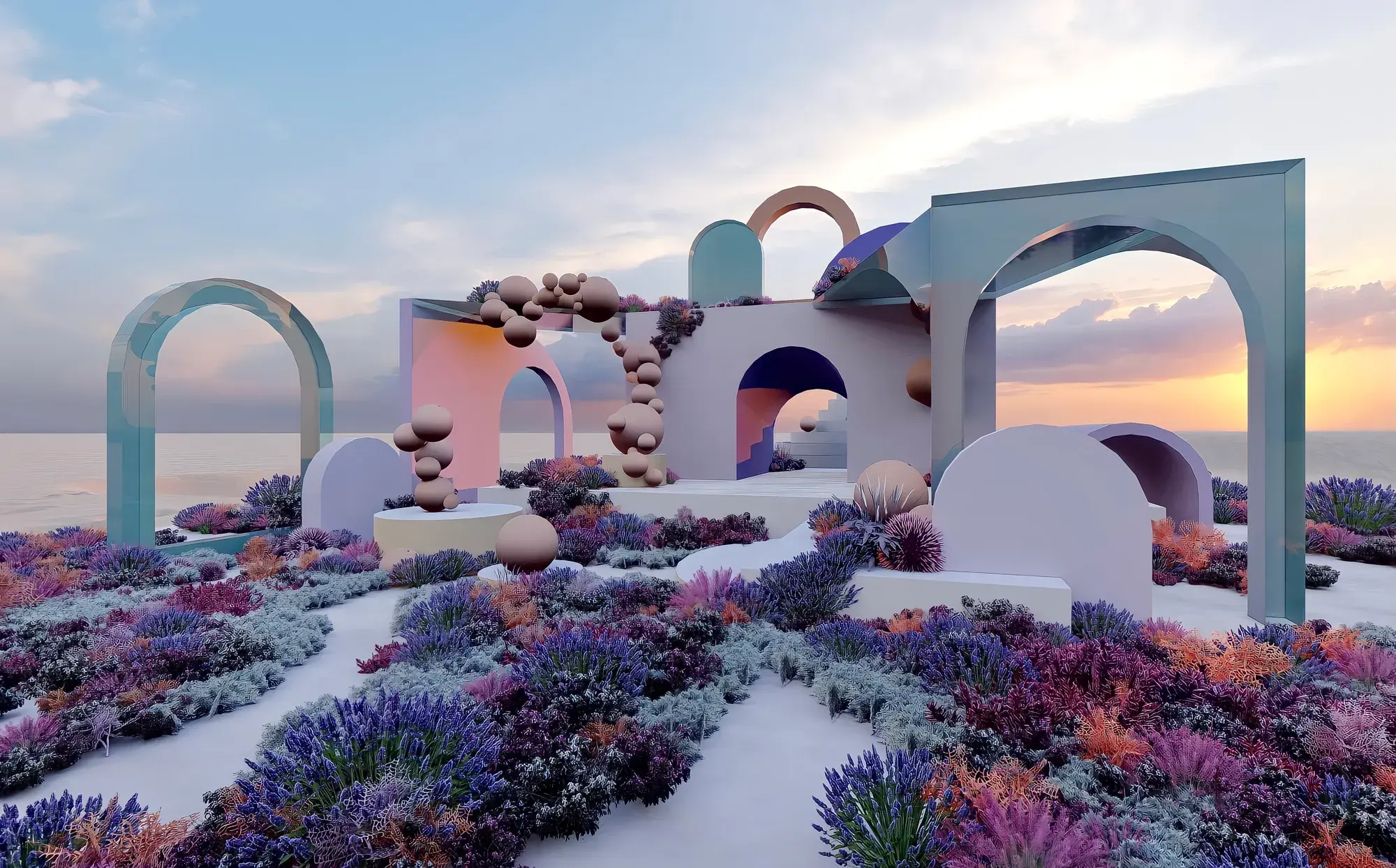 Purple and green pastel installation art with arches