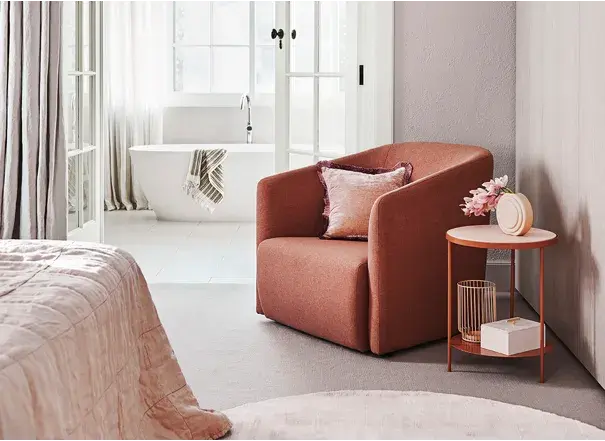 Subtle violet featuring on walls looking through to bathroom for Dulux Indulge palette part of Dulux 2020 forecast. 