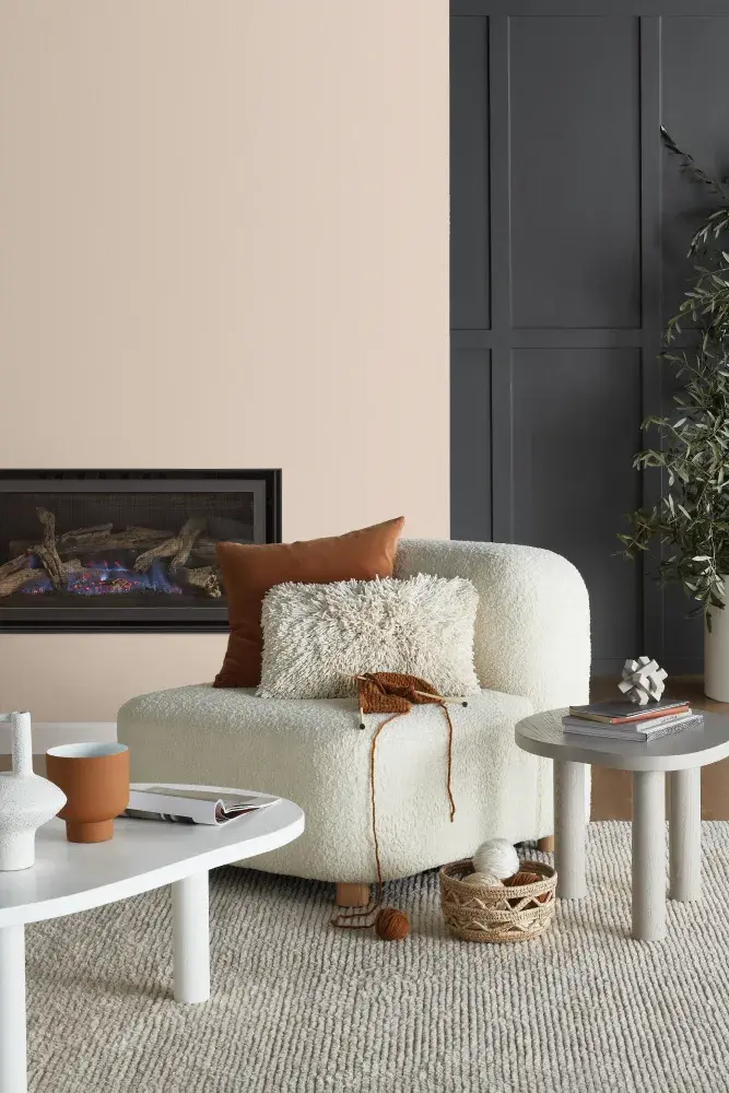 Warm neutrals featured in bedroom for Dulux mindful spaces.