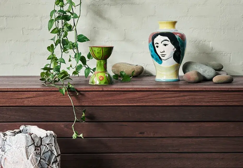 interior decor wooden bench and vase