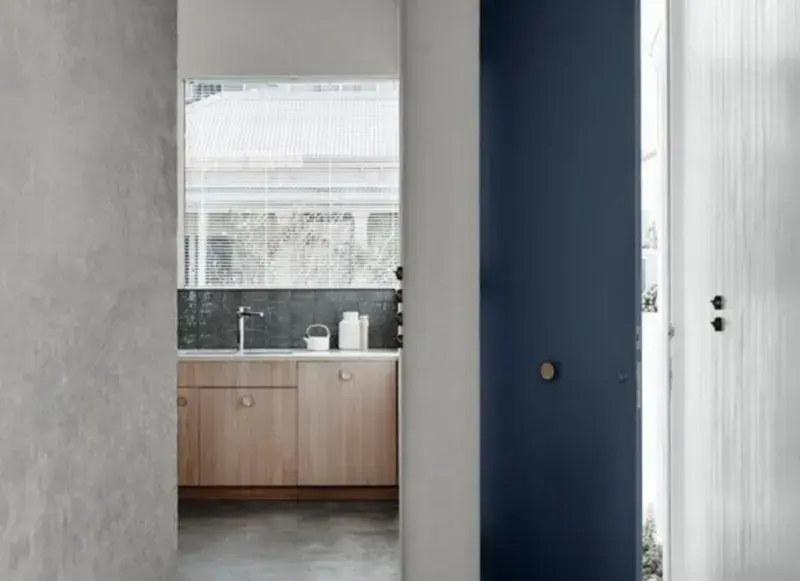 interior entrance with kitchen view closeup.
