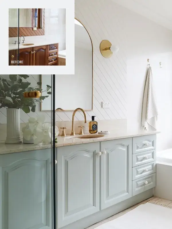 Three Birds Renovations Dulux Kitchen Bathroom Makeover. Timber panelling and cabinets are transformed with the lightness of Dulux Buff It Half and Mossa.