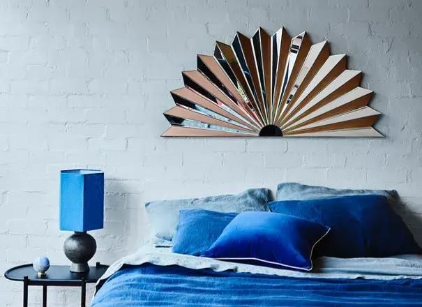interior blue bed frame close up.