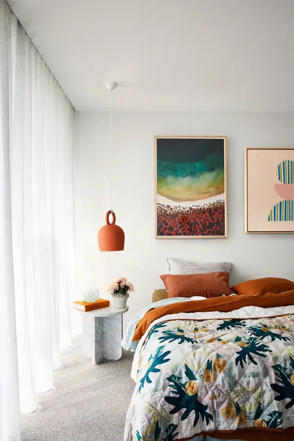 interior bedroom cream and orange. 