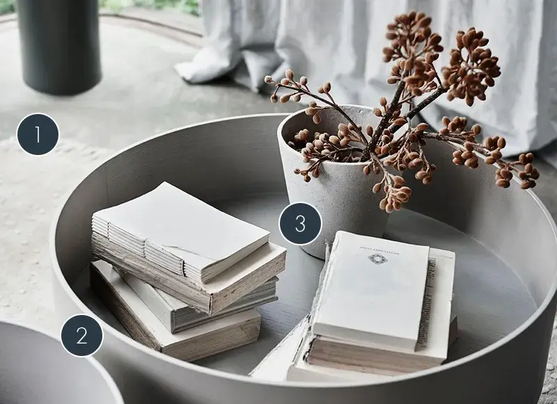 interior labelled closeup of table and books.