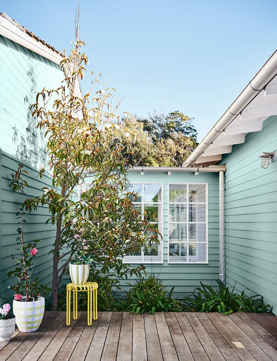 Exterior entertaining and garden area with decking and Harmonious coloured weatherboard walls.