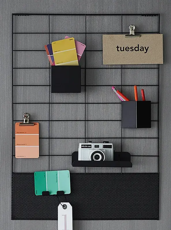 interior study closeup wire notice board. 