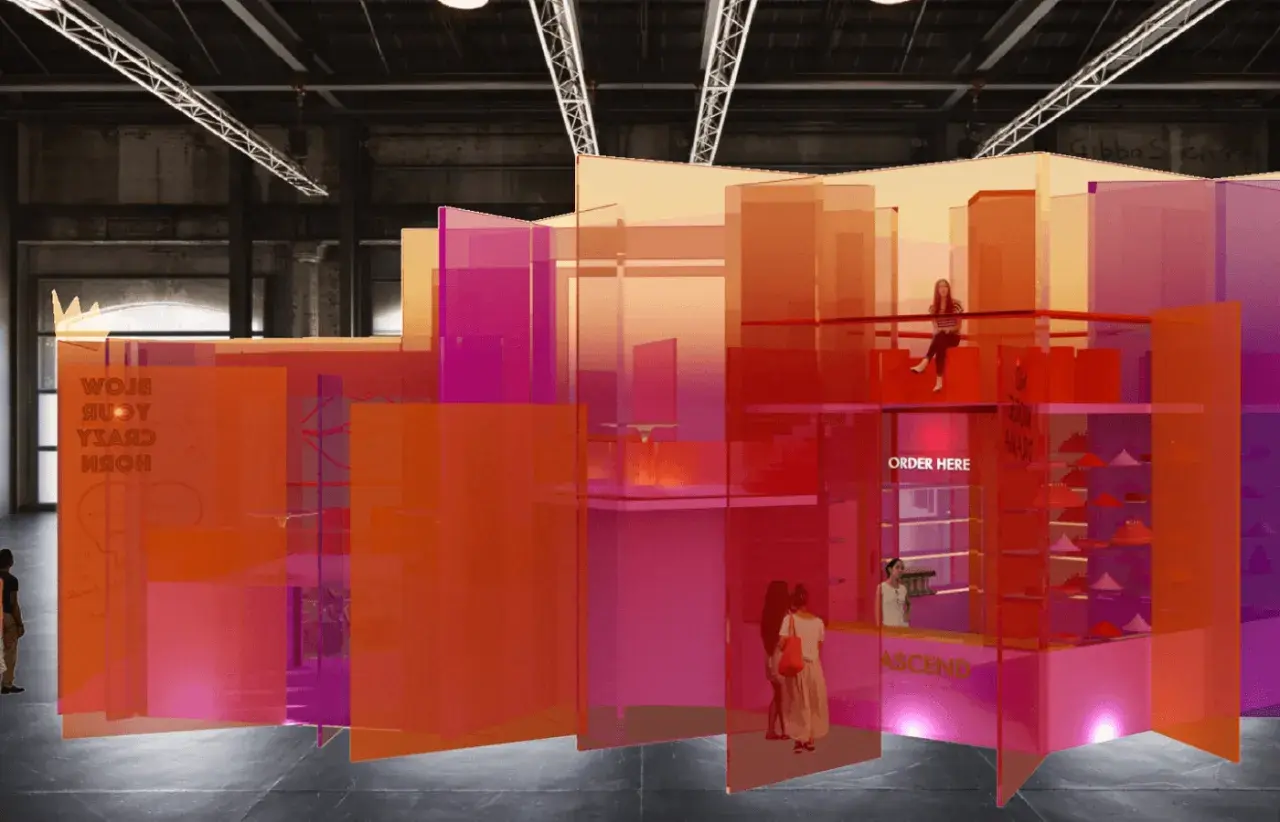 Colourful pop-up cafe inside industrial setting