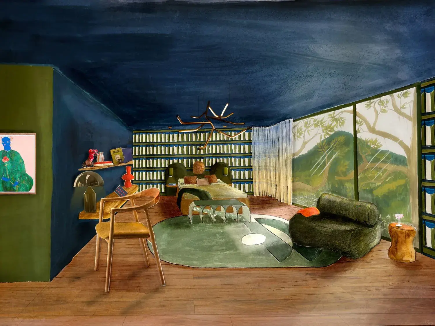 An illustration of a room with wooden floors and a blue ceiling and wall. There are large windows on the right looking out to greenery.