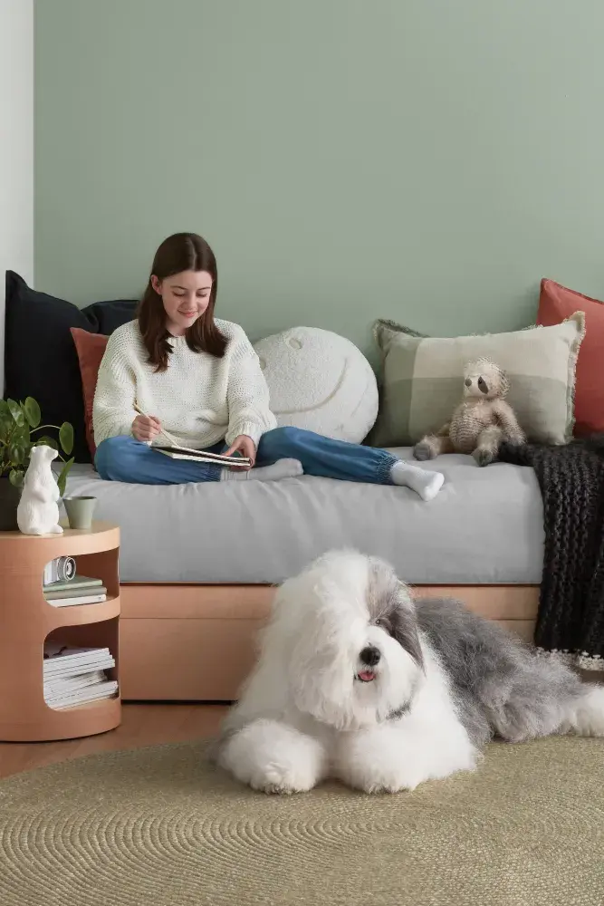  Soft greens featured in bedroom for Dulux mindful spaces.
