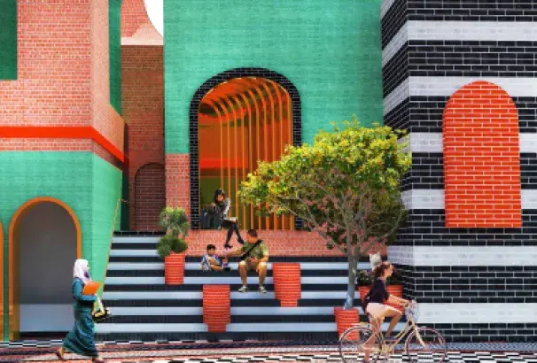 Illustration of a multicoloured brick building with arches