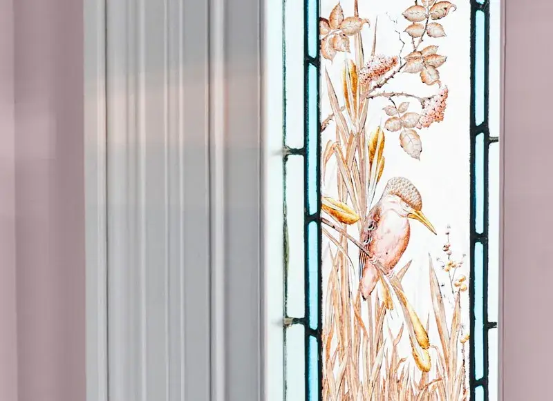 interior closeup of stained glass window.